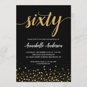 60th Birthday Stylish Black Gold Confetti Script Invitation