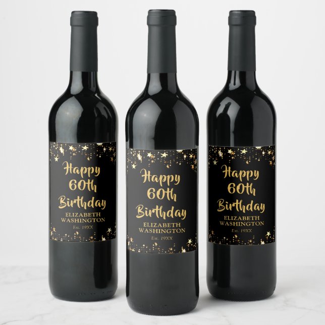60th Birthday Stylish Black Gold Stars Name Wine Label (Bottles)