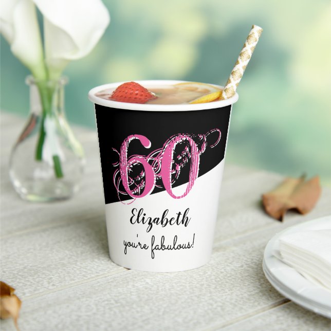 60th Birthday Stylish Pink Personalised Paper Cups (Insitu)