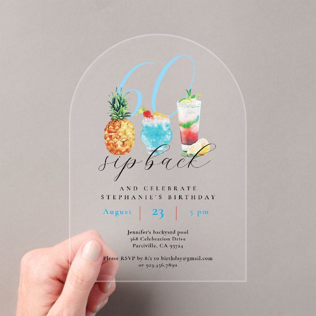 60th Birthday Summer Blue Fruit Cocktails Party Acrylic Invitations (Insitu (Handheld))