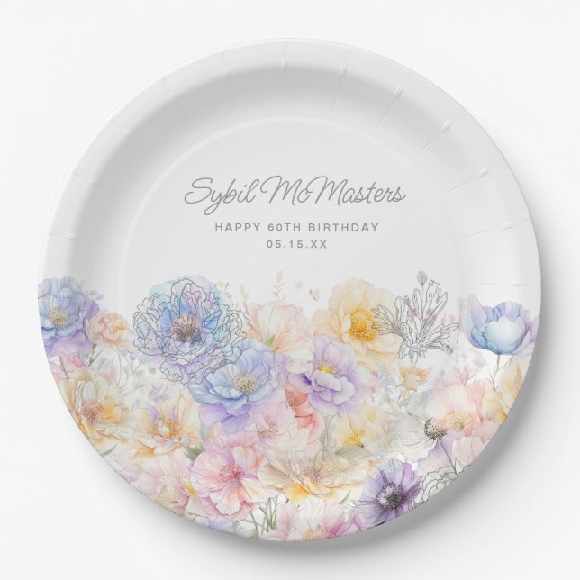 60th Birthday Summer Watercolor Floral Custom Paper Plate (Front)