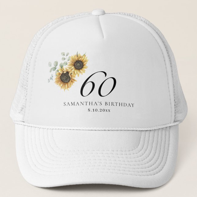 60th Birthday Sunflower Eucalyptus Party Trucker Hat (Front)