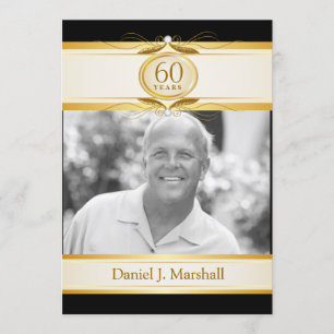 60th Birthday Surpise Party - Black Gold Monogram Invitation