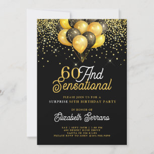 60th Birthday Surprise Party Gold Black Glitter In Invitation