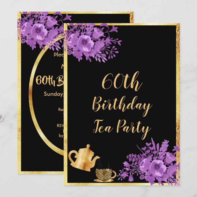 60th birthday tea party black gold purple invitation (Front/Back)