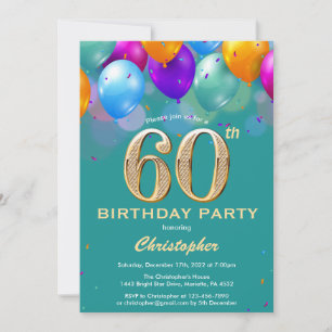 60th Birthday Teal and Gold Colourful Balloons Invitation