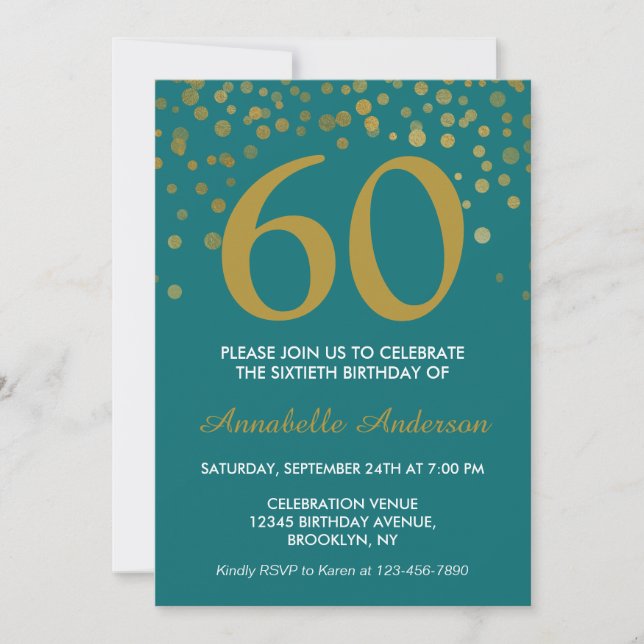 60th Birthday Teal Gold Confetti Modern Elegant Invitation (Front)