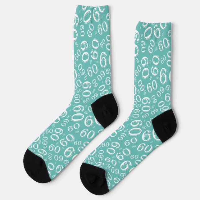 60th Birthday Teal/White Random Number Pattern Socks (Left)