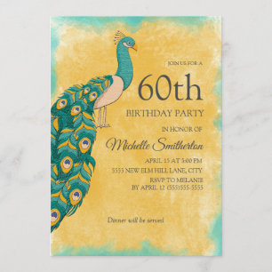 60th Birthday Teal Yellow Watercolor Peacock Invitation
