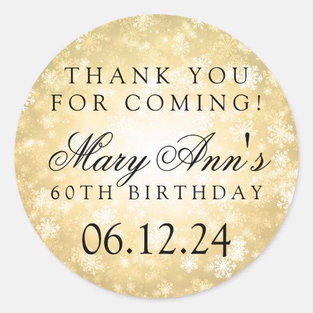 60th Birthday Thank You Gold Winter Wonderland Classic Round Sticker (Front)