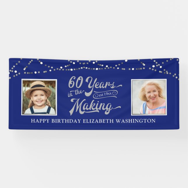 60th Birthday Then & Now Photos Blue Silver Lights Banner (Horizontal)