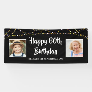 60th Birthday Then & Now Photos Lights Black Banner