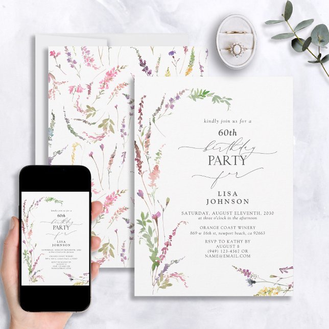 60th Birthday Trendy Elegant Wildflower Floral  Invitation (Creator Uploaded)