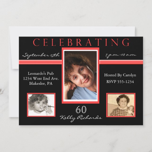60th Birthday Tri Photo Invitations Black & Red (Front)