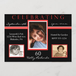 60th Birthday Tri Photo Invitations Black & Red
