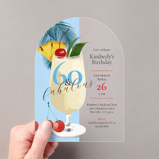 60th Birthday Tropical Blue Pina Colada Cocktail  Acrylic Invitations (Insitu (Handheld))