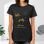 60th birthday typography name date hello sixty T-Shirt<br><div class="desc">Elegant and modern for a 60th birthday party.  Faux gold text written with a trendy hand-lettered style script: hello sixty. With golden dots as decor. Templates for a name and a date,  golden letters.</div>
