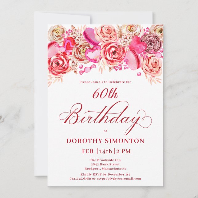 60th Birthday Valentine Pink Rose Swirly Heart Invitation (Front)