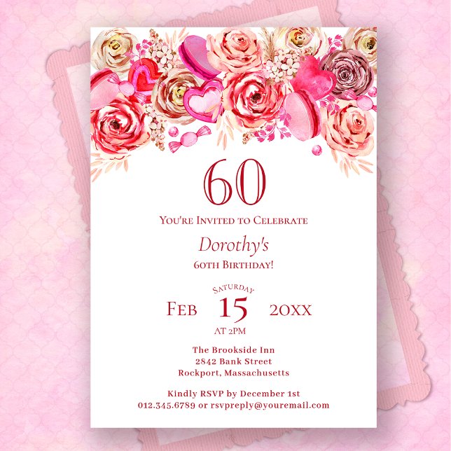 60th Birthday Valentine Pink Rose Swirly Heart Invitation (Creator Uploaded)