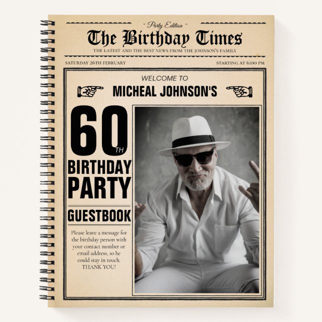 60th Birthday Vintage Newspaper Custom Guestbook  Notebook (Front)