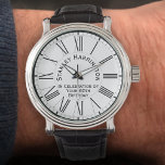 60th Birthday Watch<br><div class="desc">Stylish watch with inscription to celebrate a 60th birthday. Recipient is 60 years old. Includes the name of the person who has a birthday. Black text on a white watch face.</div>