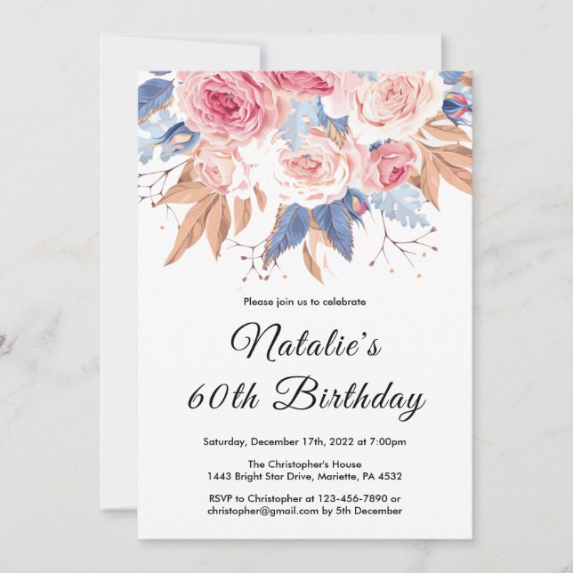 60th Birthday Watercolor Botanical Floral Flowers Invitation (Front)