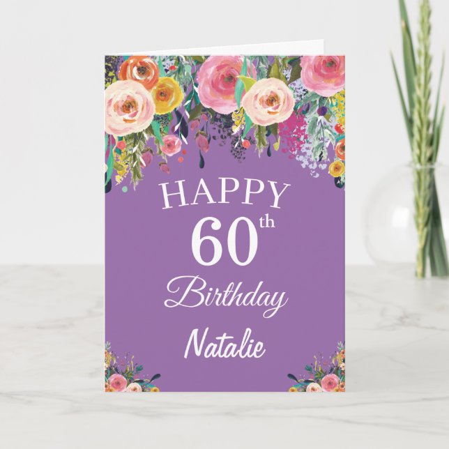 60th Birthday Watercolor Floral Flowers Purple Card (Front)