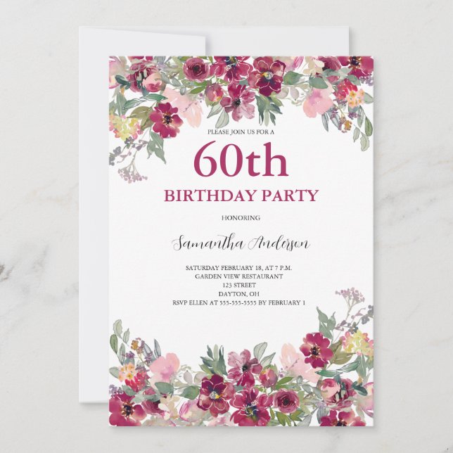 60th Birthday Watercolor Floral  Invitation (Front)