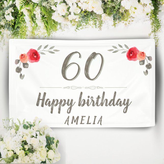 60th Birthday Watercolor Flower Twig Floral Party Banner (Creator Uploaded)
