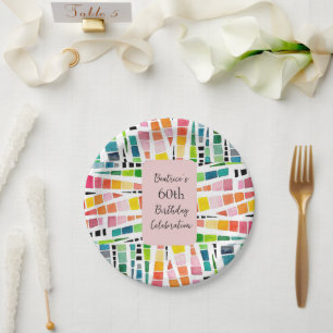  60th Birthday Watercolor Geometric Pattern Paper Plate