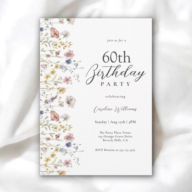 60th Birthday Watercolor Wildflowers Floral  Invitation (Available in both printed and instant download digital formats.)