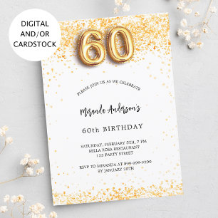 60th birthday white gold confetti elegant invitation
