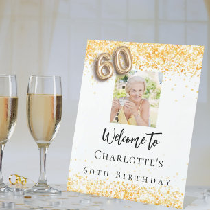 60th birthday white gold photo confetti welcome pedestal sign