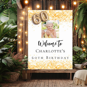 60th birthday white gold photo confetti welcome poster