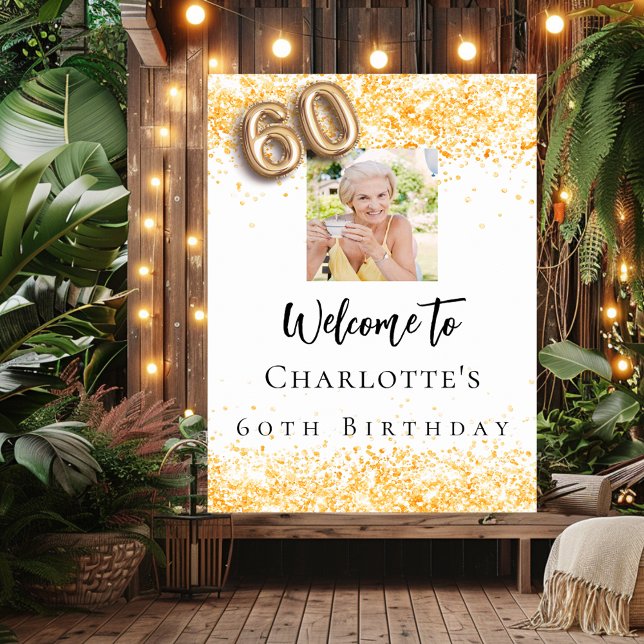 60th birthday white gold photo confetti welcome poster (Creator Uploaded)