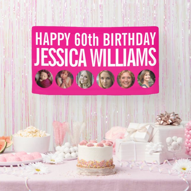 60th Birthday white pink six photo circles Banner (Party)