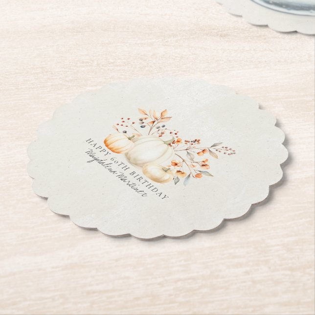 60th Birthday White Pumpkin Fall Leaves Custom Paper Coaster (Angled)