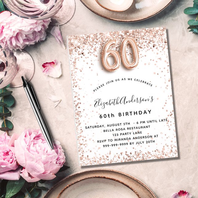 60th birthday white rose gold sparkles invitation postcard (Creator Uploaded)