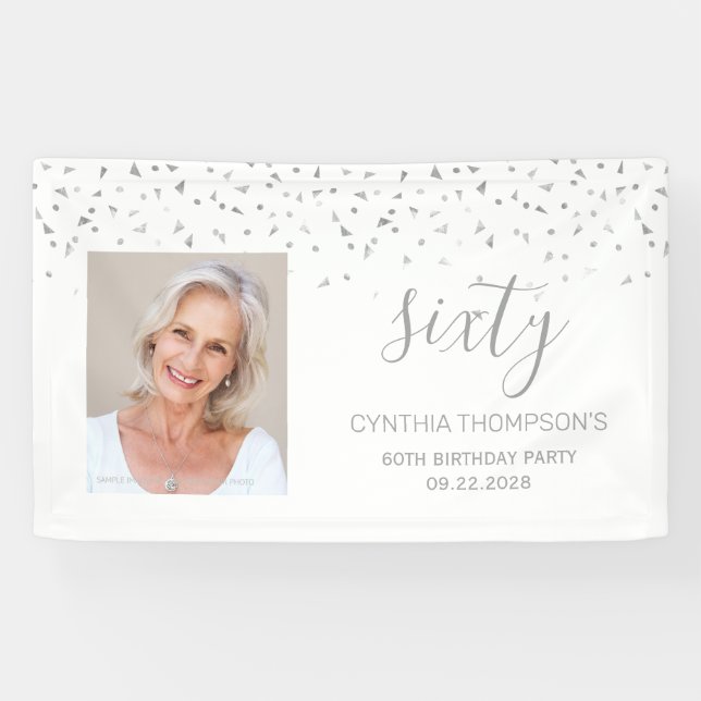 60th Birthday White Silver Confetti Photo Banner (Horizontal)