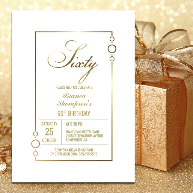 60th Birthday White with Gold Frame Party Invitation (Creator Uploaded)