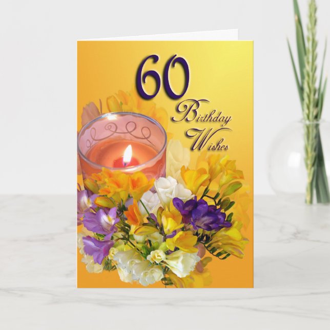60th Birthday Wishes Card - freesias and candle (Front)