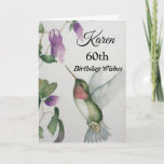 60th Birthday Wishes Elegant Hummingbird Card<br><div class="desc">Celebrate her 60th birthday with an elegant hummingbird design on a charming greeting card. Created from my original watercolour painting, the lovely little bird and flower image will brighten the day for birdwatchers, gardeners and nature lovers. The special woman in your life will love the pastel colors of cream, pink...</div>