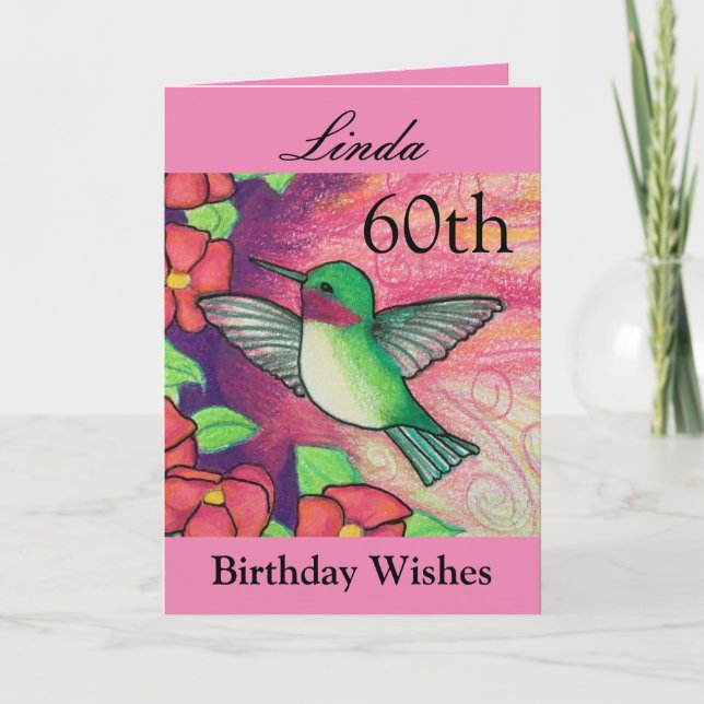 60th Birthday Wishes Pretty Pink Hummingbird Card (Front)
