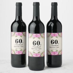 60th Birthday with Flowers on Sparkling Wine Beige Label