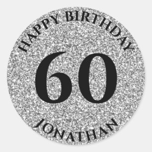 60th Birthday with Name Silver Glitter Classic Round Sticker