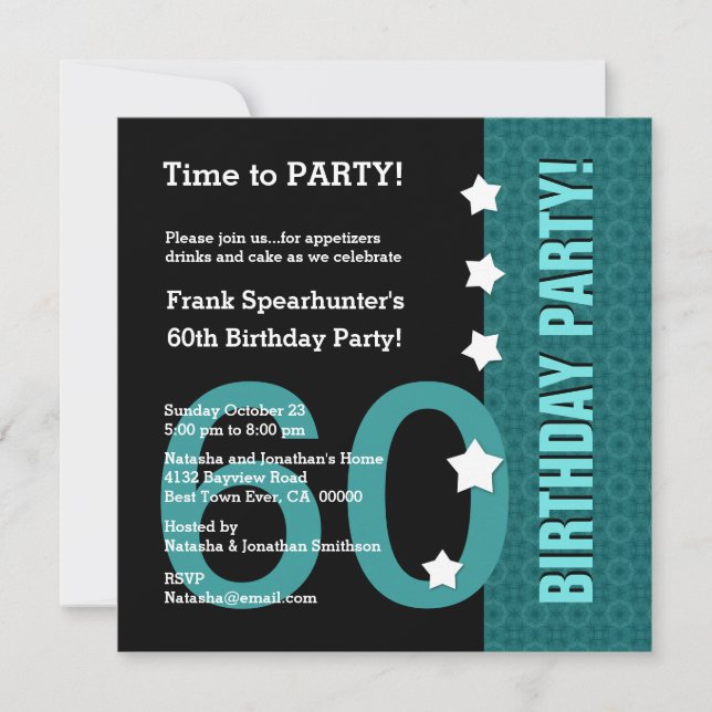 60th Birthday with Stars Funny TEAL and BLACK A02 Invitation (Front)