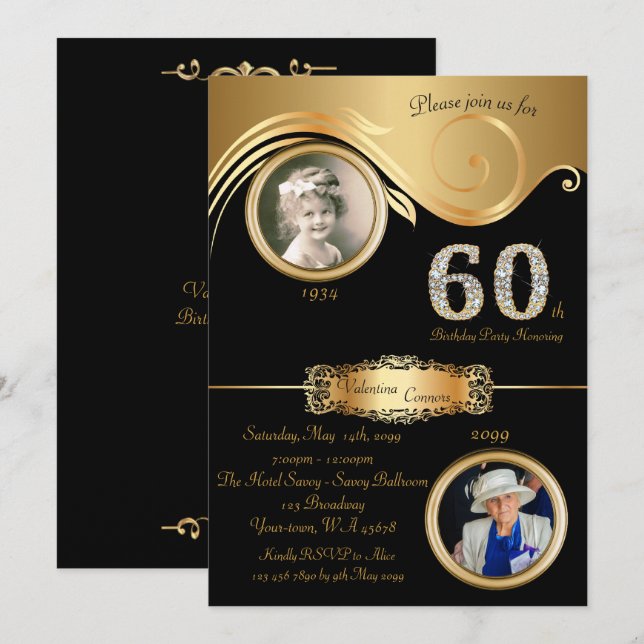 60th,Birthday Woman 60th,elegant art deco,black Invitation (Front/Back)