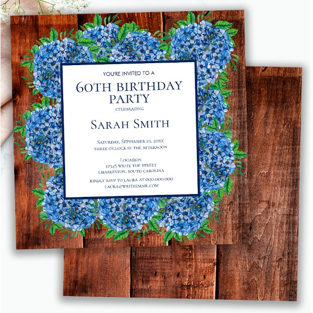 60th Birthday Wood Blue Hydrangeas Rustic Party Invitation (Creator Uploaded)