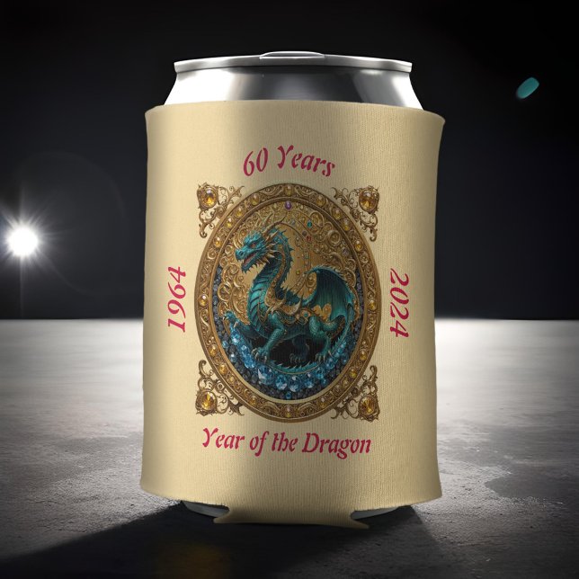 60th Birthday Year of Dragon Chinese Zodiac Beer Can Cooler (Personalized year of the Chinese dragon birthday can cooler with intricate regal golden decoration)