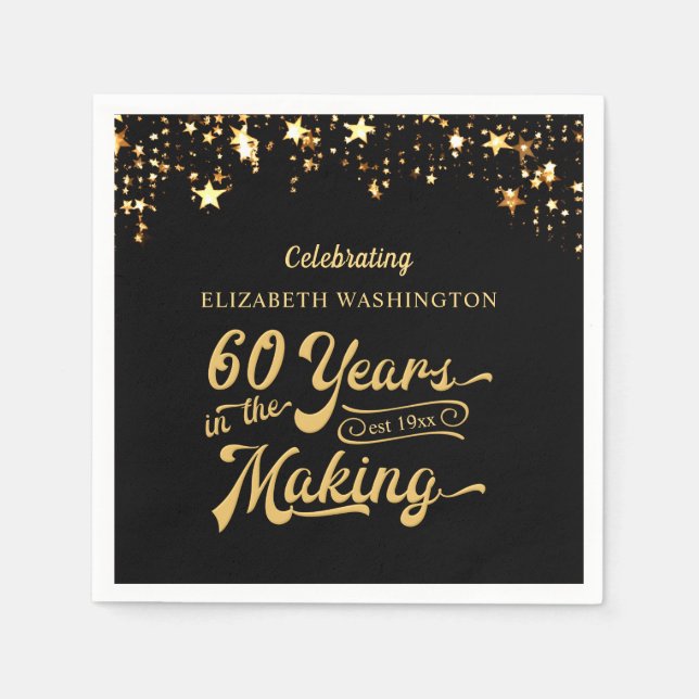 60th Birthday YEARS IN THE MAKING Black Gold Stars Napkin (Front)